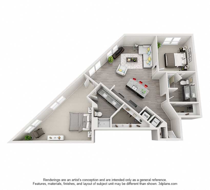 Floor plan for 2 beds, 2 baths, 1180 sqft